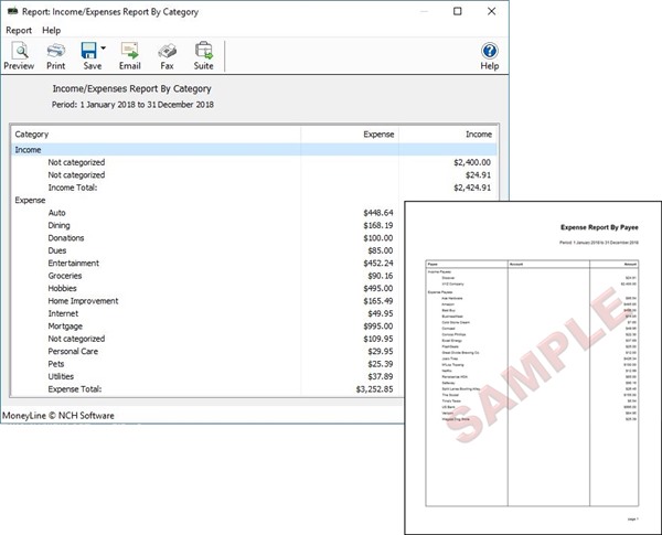 MoneyLine Personal Finance Software view and print reports screenshot