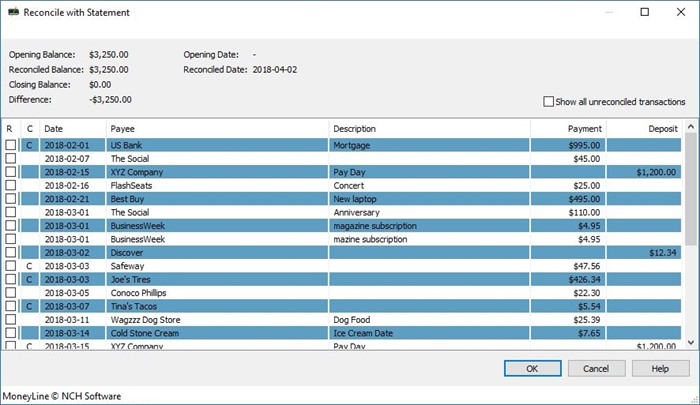 MoneyLine Personal Finance Software reconcile bank statements screenshot