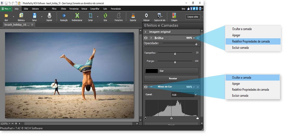 Captura de tela de opções de edição de fotos do PhotoPad Software
