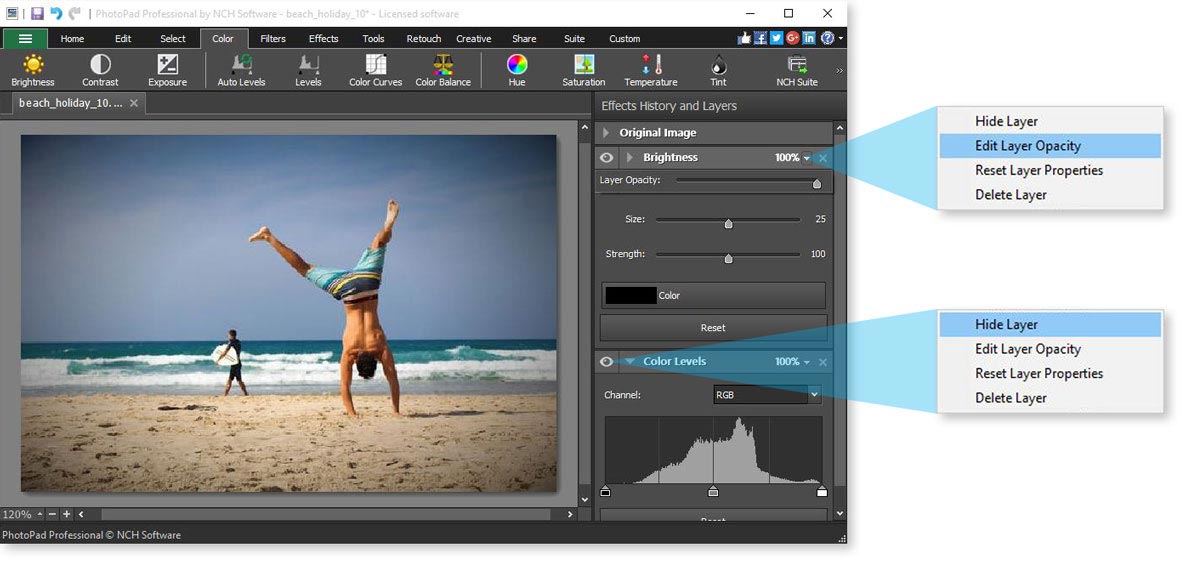 PhotoPad 사진 편집 소프트웨어 레이어 옵션 스크린샷