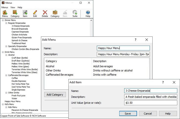 Capture d'écran de la création de menu avec Copper logiciel PDV pour restaurant