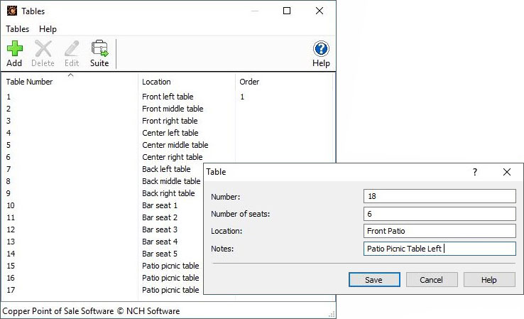 Capture d'écran qui montre le plan de la salle à manger dans Copper logiciel de point de vente pour restaurant