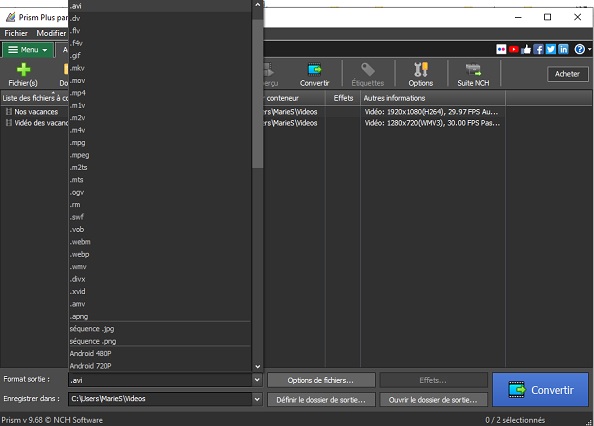 capture d'écran des options de sortie de Prism, convertisseur vidéo