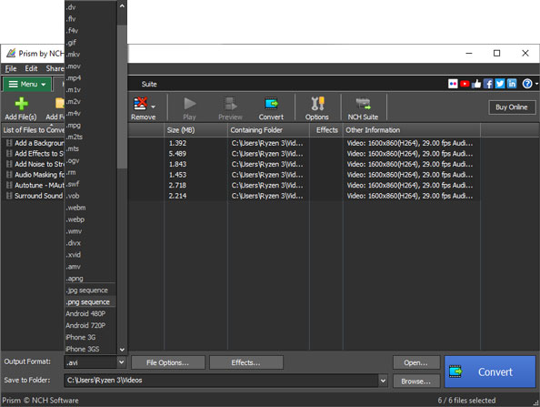 Prism Video File Converter output options screenshots