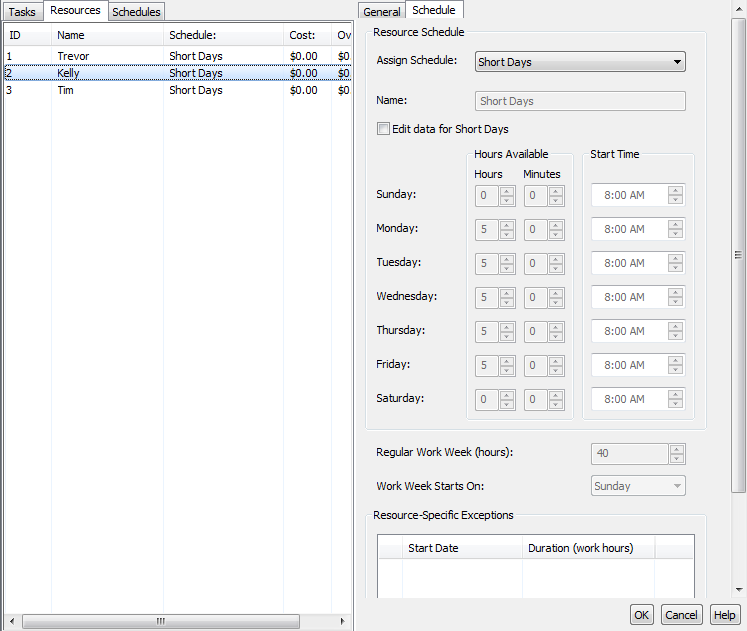 Edit individual resource schedules