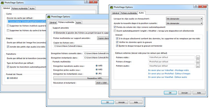 Menu des options dans PhotoStage créateur de diaporama.