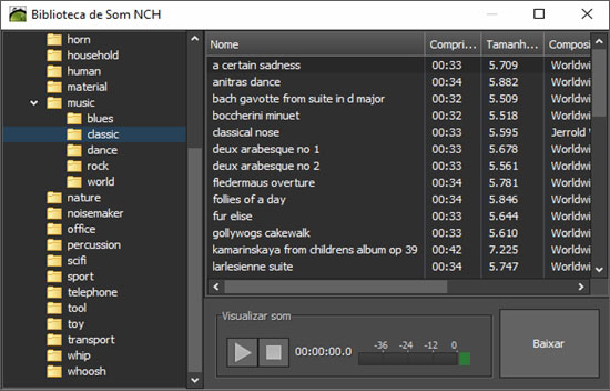 Capturas de tela da biblioteca de som do PhotoStage Software de Apresentação de Slides.