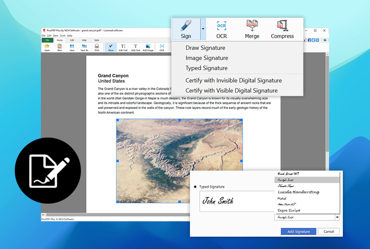 Adding signature to PDF screenshots