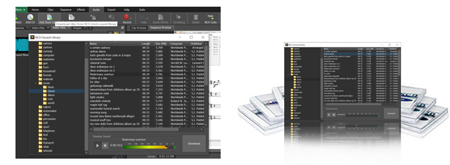 Retrouvez la sonothèque d'effets sonores dans VideoPad sous Outils