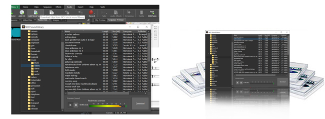 Hitta ljudeffektbiblioteket i VideoPad under verktyg