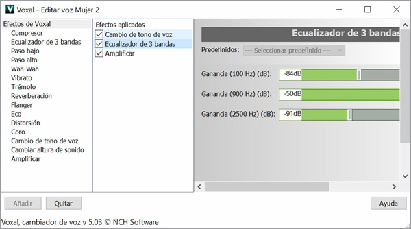 Captura de pantalla de configuraciones de efectos Voxal, software para cambiar voces