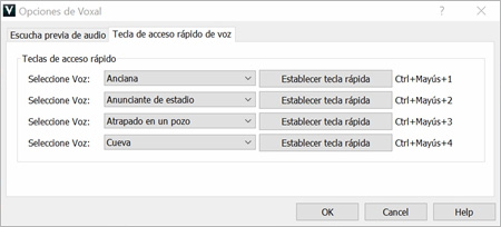 Captura de pantalla de teclas de acceso rápido en Voxal, software para cambiar voces