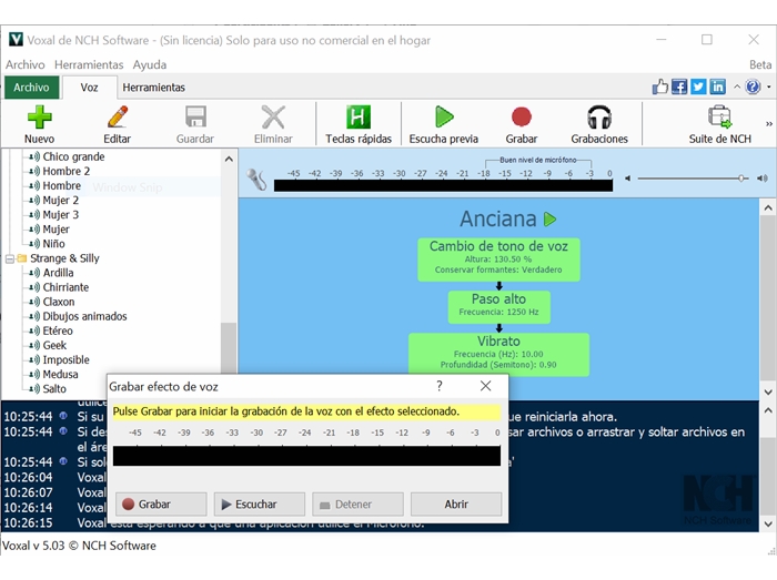 Captura de pantalla de Voxal, software para cambiar voces