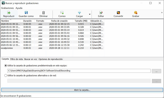 Captura de pantalla de ggrabaciones en Voxal, software para cambiar voces