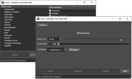 Captures d'écran des effets et paramètres de Voxal Logiciel pour chager sa voix