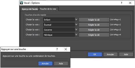 Capture d'écran des touches de raccourci de Voxal