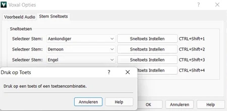 Voxal Stemvervormersoftware sneltoetsen screenshot